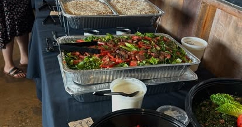 Catering trays with salad, rice, and sauces on a buffet table