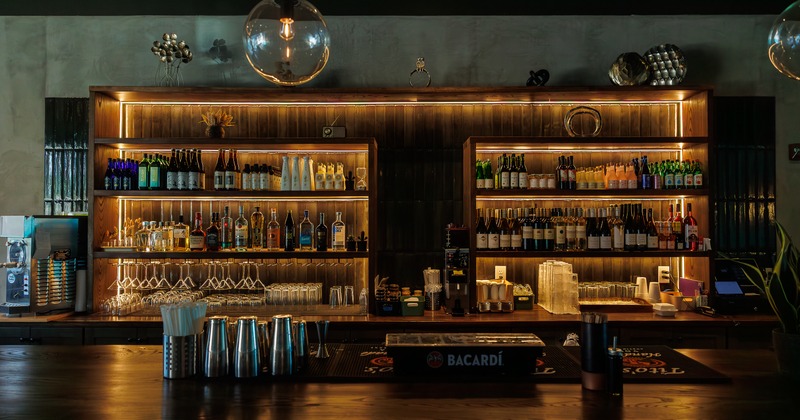 Interior, sushi table, bar behind, front view