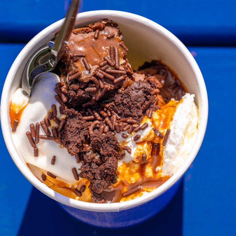 menu item 22 of 23, Green Dirt Caramel Brownie Sundae