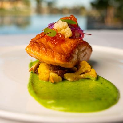 Salmon with Snap Pea, Daikon and Ginger Emulsion