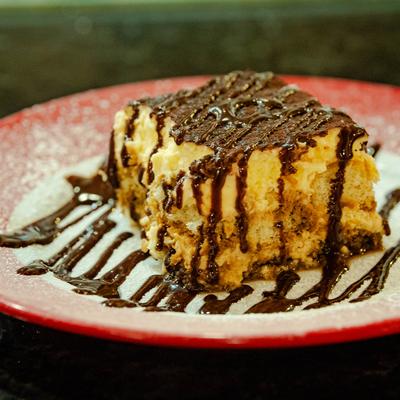 Chocolate drizzled tiramisu.