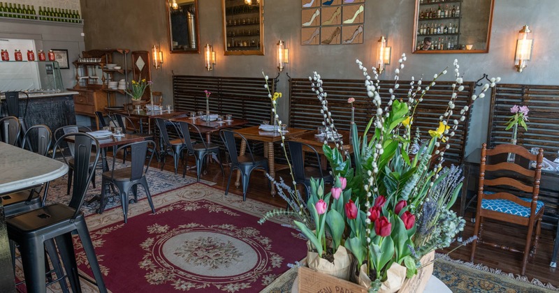 Interior, dining area, decorative flowers