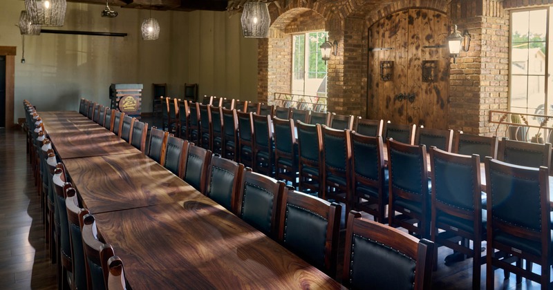 Interior, long dining tables, chairs