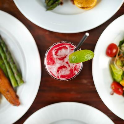 Strawberry Margarita and various food.