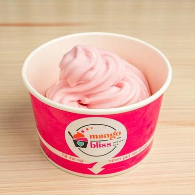 Cup of strawberry soft serve frozen yogurt.