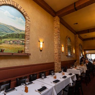 Interior, dining area, banquette seating.