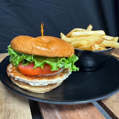 White meat turkey burger with fries.