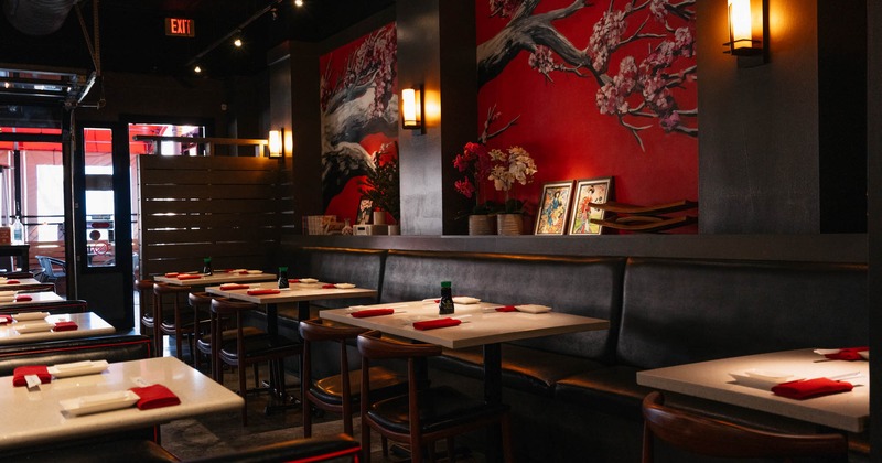 Interior, long banquette seating, dining tables, chairs