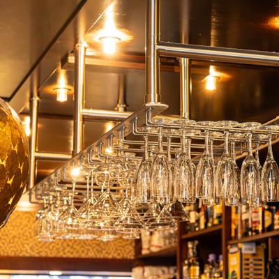 Interior details, Hanging bar glasses.