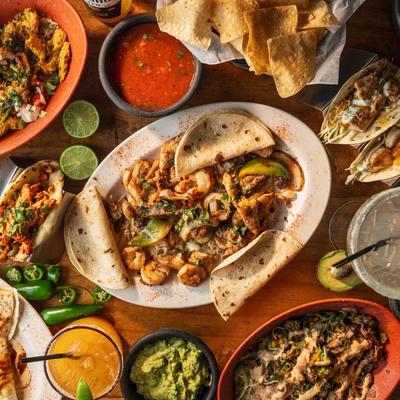 A variety of dishes, top view.