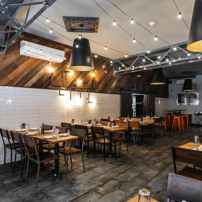 The interior, tables, chairs, lights.