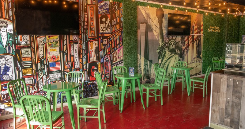 Interior, dining tables and chairs, wall mural