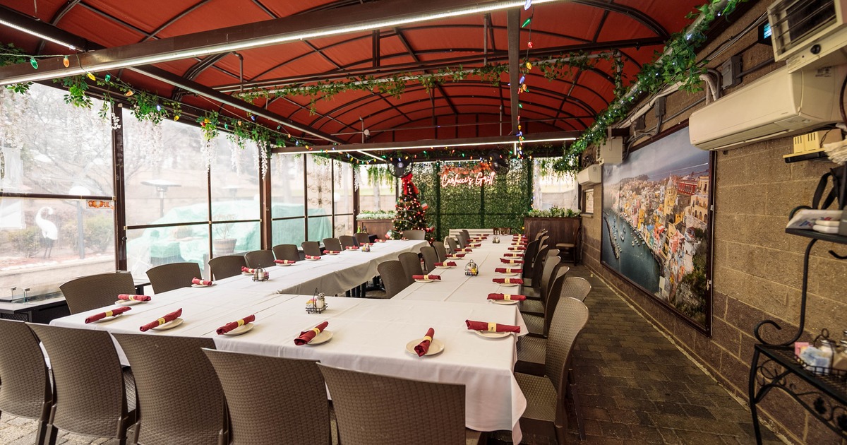 Interior, long tables and chairs ready for guests