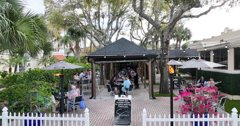 Outdoor dining area with people seated under a covered patio area