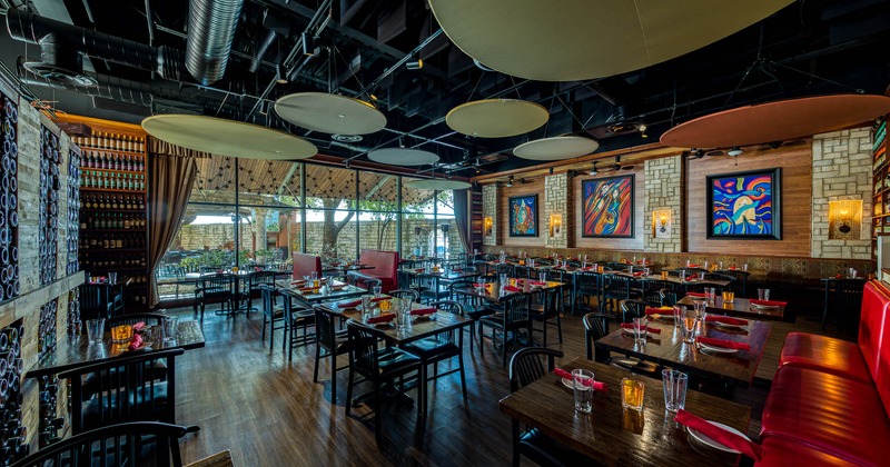 Interior, seating area, tables, chairs and booths