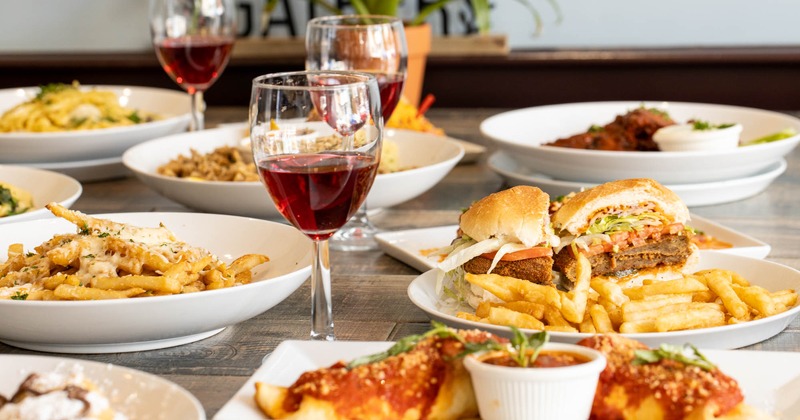 Various food and drinks on the table