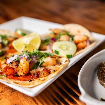 Shrimp taco plate, close up.