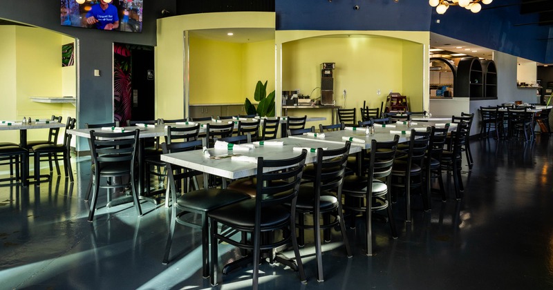 Interior seating area with chairs and tables