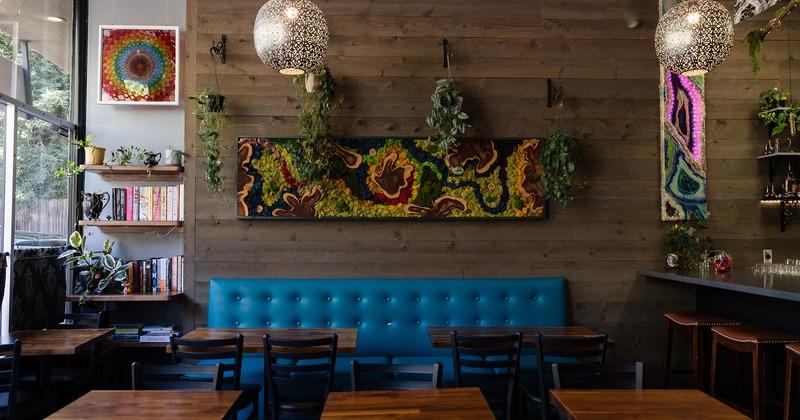 Interior, seating area, wall decoration, shelves with books