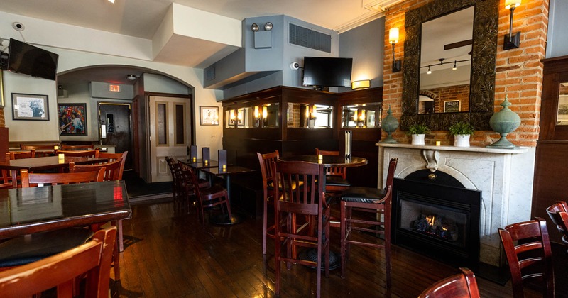 Interior, dining area with fireplace
