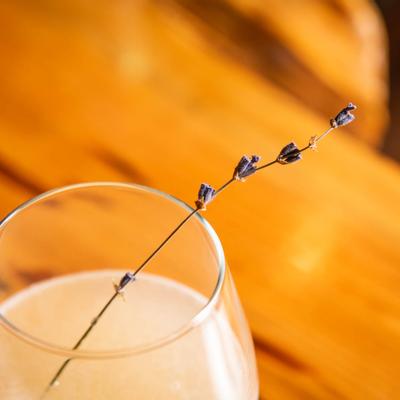 Glass of Agave in Bloom cocktail, top closeup