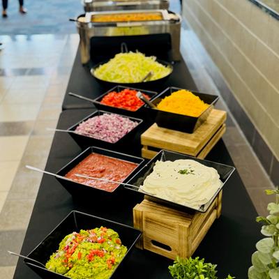 Prepared food in serving containers.