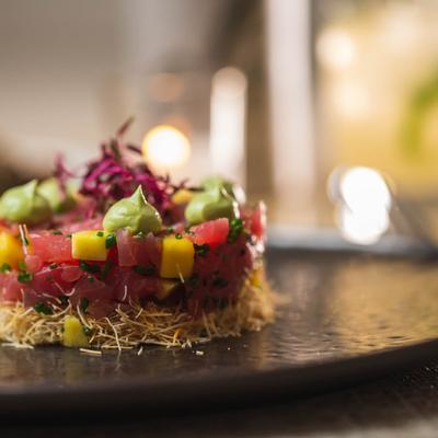 Tuna Tartare, with orange, cucumber, sesame oil, lime zest, and Greek yogurt mousse.