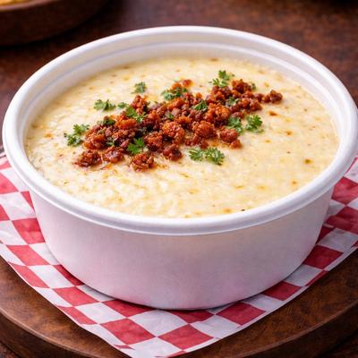 Queso dip topped with savory chorizo and herbs.