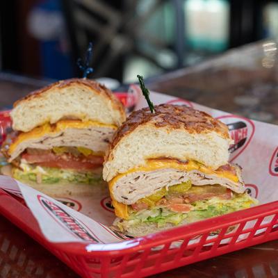 The Smokin' Sequoia sandwich with hot turkey, bacon, cheddar cheese, and avocado.