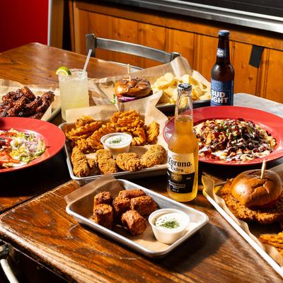 A full table with food and drinks