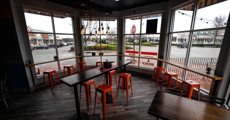 Interior, high tables and chairs