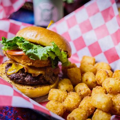 JT burger and tater tots.