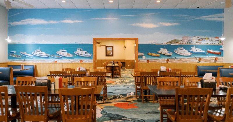 Interior, seating area with tables and chairs