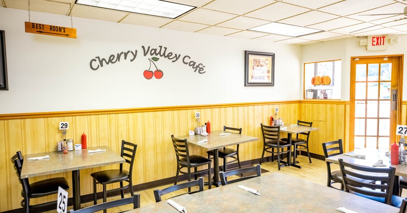 Interior, tables and chairs lined up