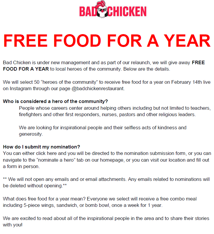 Nominate a local hero to be selected for free food for a year