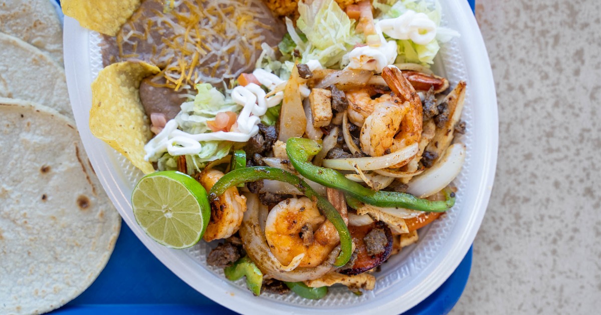 Steak and shrimp plate, top view