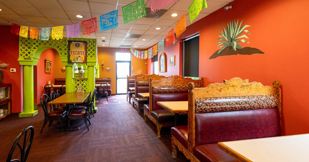 Interior, seating area with booths and tables