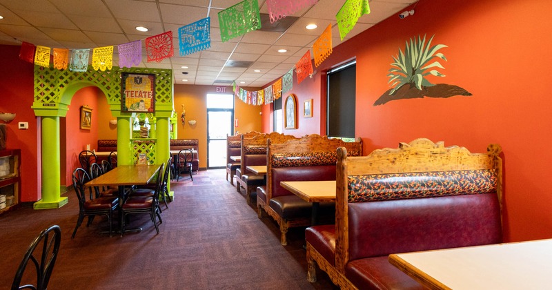 Interior, seating area with booths and tables