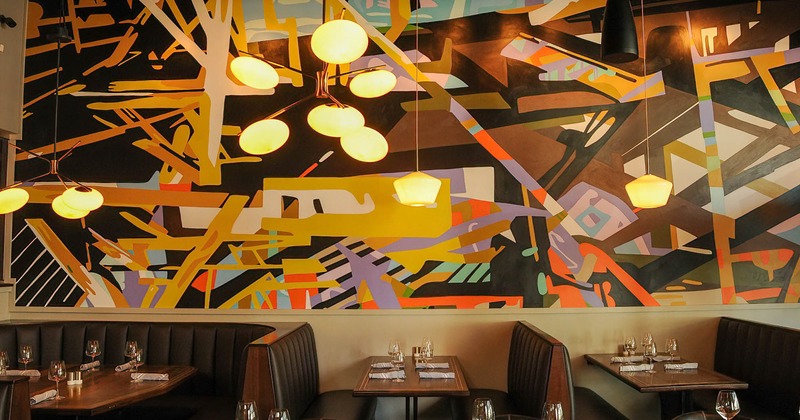 Interior, dining tables and seating, wall mural