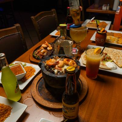 Assorted food and drinks.