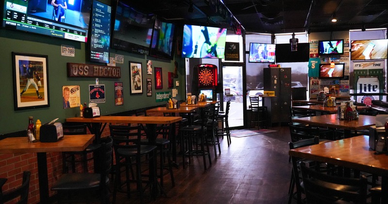 Interior, tables and chairs lined up