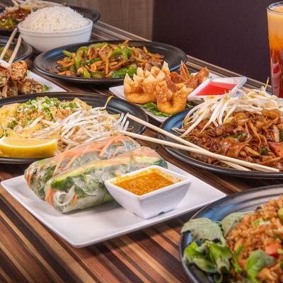 A variety of Thai dishes on a table.