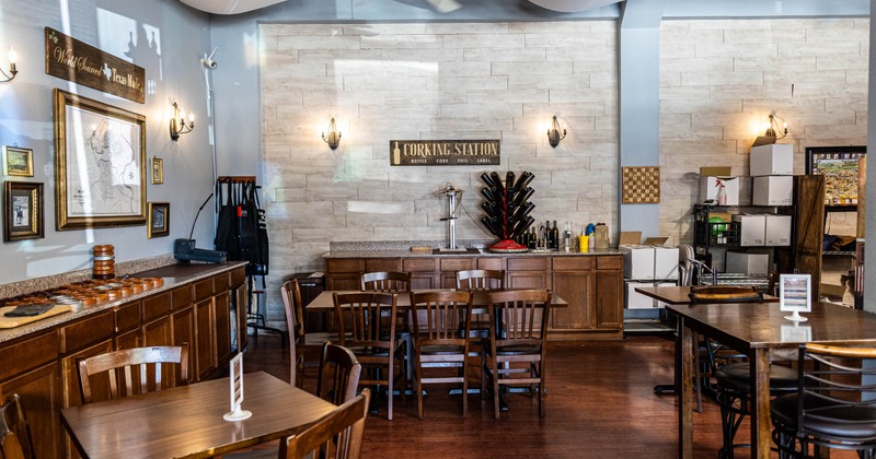 Cozy interior with wooden furniture and a corking station