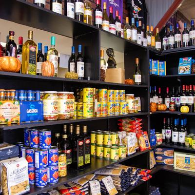 Olive oil, pasta and sauces on display