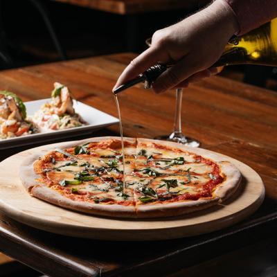 A whole Margherita pizza.