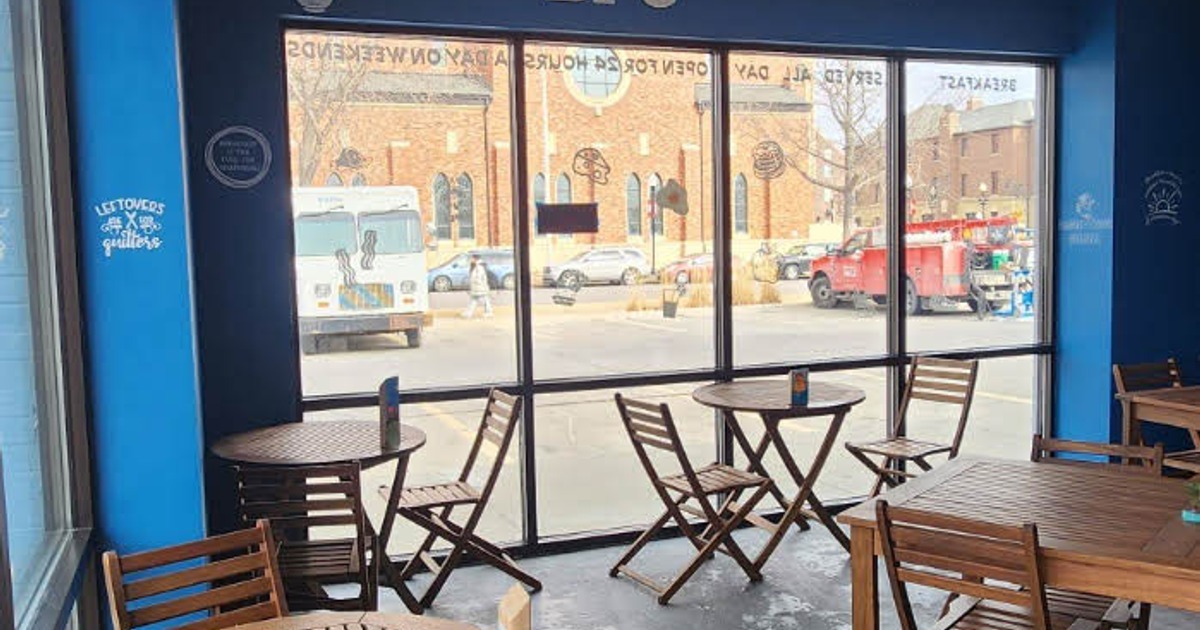 Interior space, seating area, tables by the windows