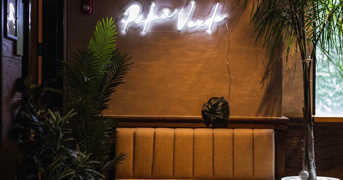 Neon lettering, plants, and a sofa