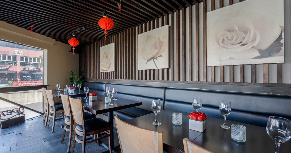 Interior, banquette leather seating with tables and chairs