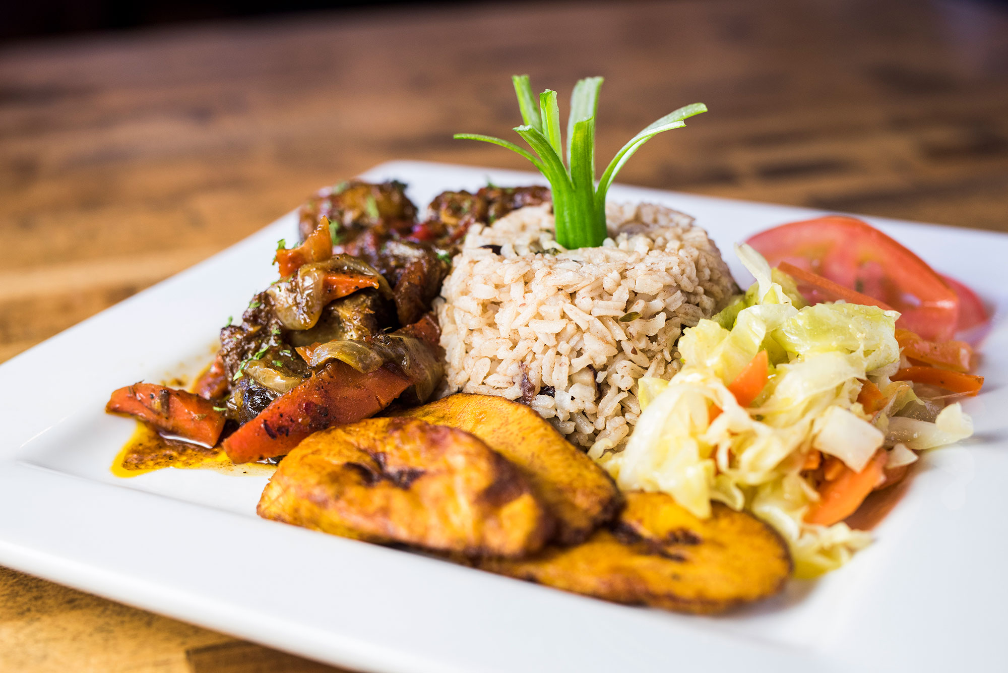 Rice, baked potato, grilled meat and salad