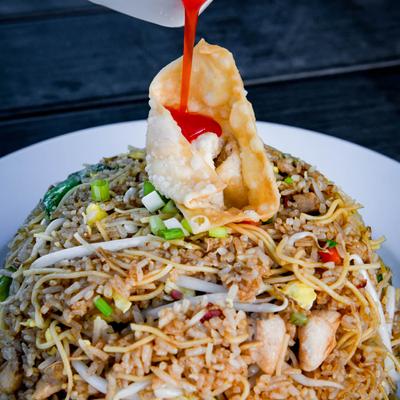 Mixed stir fried rice, chicken, pork and egg noodles